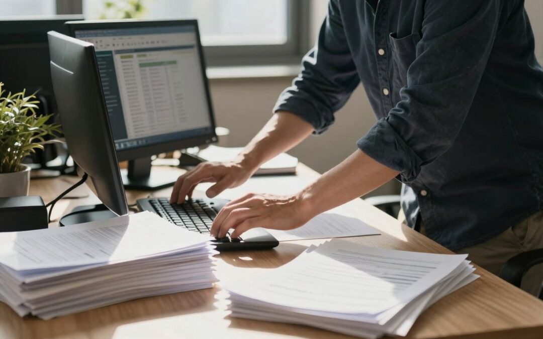 Effizienter Büroangestellter organisiert seinen Schreibtisch, spart Zeit.